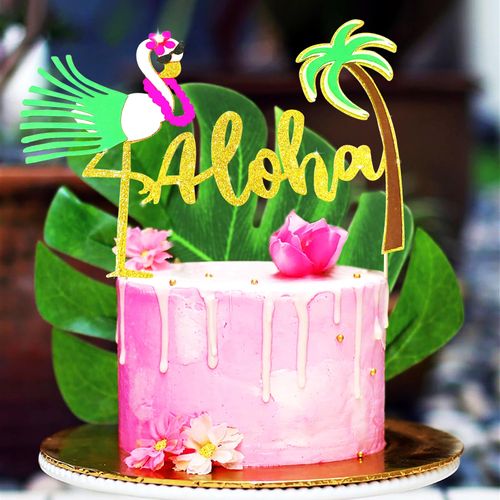 LaVenty 2 PCS Moana Cake Topper Aloha Cake Topper Flamingo Cake Toppers Flamingo Happy Birthday Cake Decoration Tropical Moana party decoration