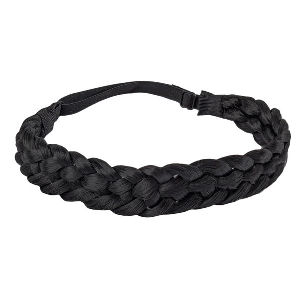 Fumwase 5 Strands Synthetic Hair Braided Headbands Stretch Elastic Classic Chunky Wide Plaited Hair Braids Braid Band Boho Black Headband for Women Girls Women's Padded Wig Beauty Accessories (Black)