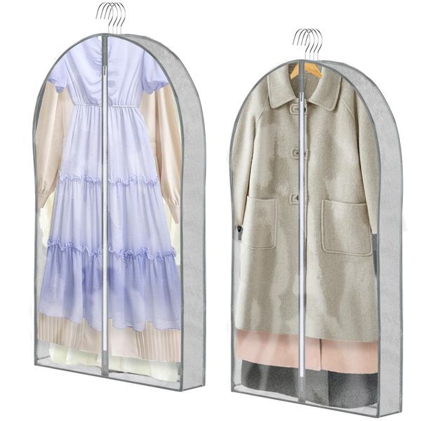 2 Pack Garment Bags - 60 x 153CM Clothes Covers Bags with Zip, Clear Moth Proof Suit Covers with 10cm Gusset, Hanging Clothes Storage Protector Bags for Wardrobe, Dress Gowns, Coats, Suit, Down Jacket