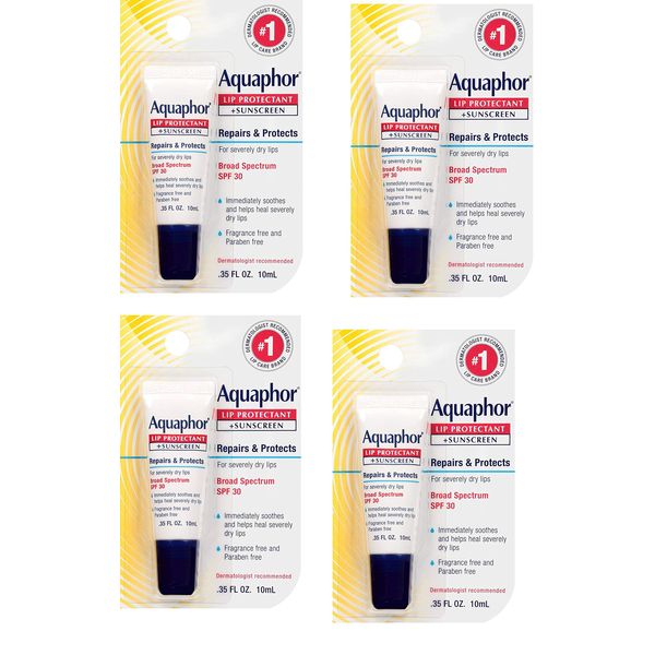 Aquaphor Lip Protectant and Sunscreen Ointment - Broad Spectrum SPF 30 - Relieves Chapped Lips.35 fl. Oz. Tube, 4 Pack