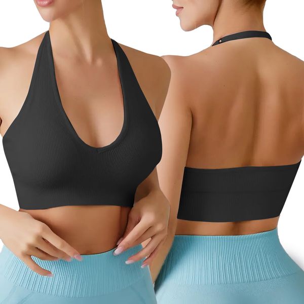 Litthing Sports Bras Women Sexy Halter Neck Backless Bra Elegant Yoga Bra Comfort Padded Solid Color Seamless Bralettes Mid Impact Support Fitness Running Gym Crop Tank Tops Black