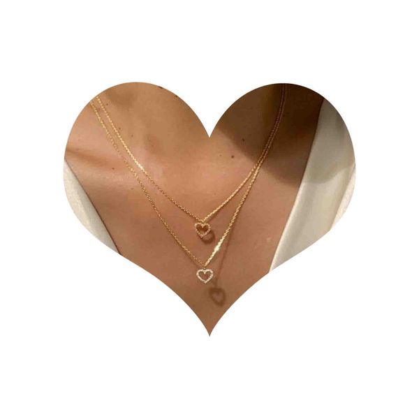 Iaceble Boho Layered Heart Choker Necklace Crystal Heart Pendant Necklace Gold Double Heart Necklace Cz Open Heart Necklace Chain Jewelry for Women and Girls