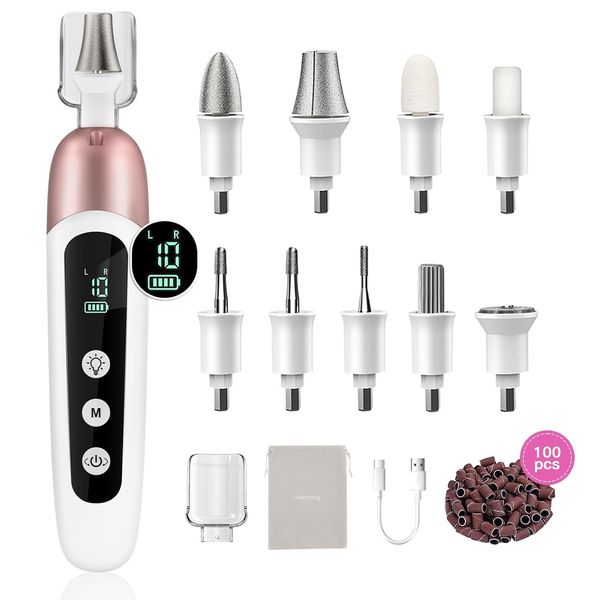 Electric Nail File Set, 9 in 1 Professional Manicure and Pedicure Kit, Cordless Nail Drill for Feet, LCD Display 10 Speeds Electric Nail Drill Machine, Hand Foot Care Tool for Nail Grind Trim Polish