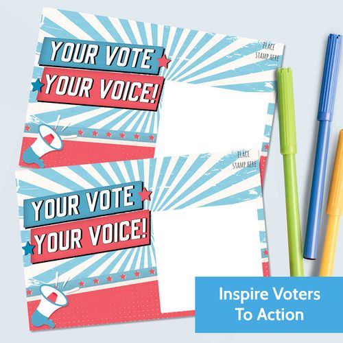 T MARIE 100 Bulk Voter Postcards 4x6” - Your Vote Your Voice, Red, White and Blue Theme With Blank Back for Message to Voters - Encourage Voting In Your State