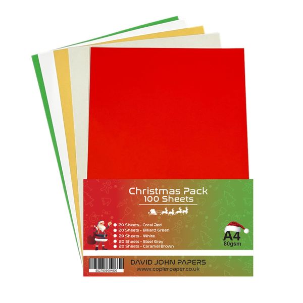DJP 80gsm A4 Christmas Coloured Assorted Paper Crafts Pack - 100 Sheets