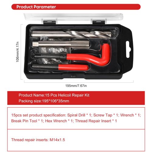 15 Pcs Thread Inserts M14x1.5 Female Thread Repairing Accessory Assortment Kit, Spark Plug Thread Repair Kit, Drill Helicoil Repair Kit, Thread Repair Tool for Automotive Mechanical Repairing