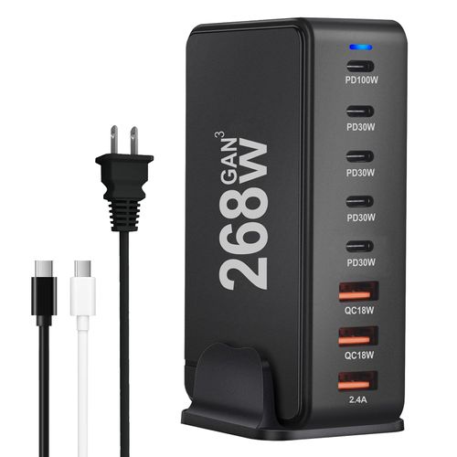 GEEKERA USB C Charger, 268W 8-Port Fast USB C Charging Station with 5 USB-C + 3 USB-A, Portable Multiport USB Charging Block Wall Hub for iPhone 15 14 13 12 iPad Pro MacBook Galaxy Pixel Switch