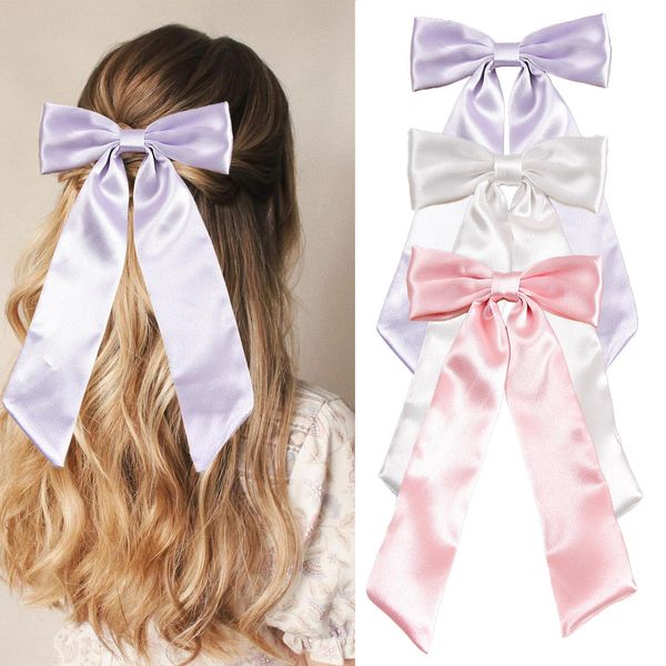 AOREAS 3Pcs Hair Bows for Women Soft Silky Stain Bow Hair Clips with Long Tail,Apricot Black Bow Alligator Hair Ribbon Accessories Party Wedding Prom Daily Wearing (Pink+Purple+White)