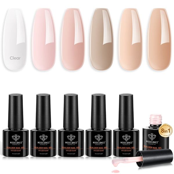 modelones Gel Nail Builder Nail Gel 6 Colors, 8-in-1 Nail Builder Set, Nail Tip Adhesive, Color Gel Nail Tip Glue & Base Coat & Reinforcement Gel & Slip Solution, Gift