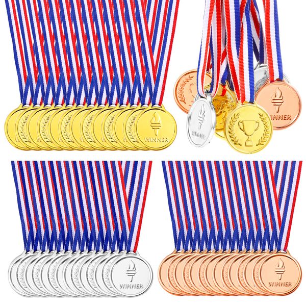 Pllieay 24 Pieces Plastic Winner Medals, Winner Award Medals, Gold Silver and Bronze Medals for Sports, Competition, Talent Show, Spelling Bee, Gymnastic Birthday Party Favors and Awards