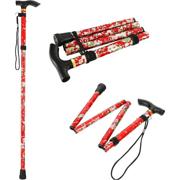 Divine UK@Healthcare Walking Stick for Women, for Elderly Or Disabled, Folding Adjustable Height,Red Floral Colour Pattern, Right Or Left Handed, Non-Slip Rubber Tip, Wrist Strap, Lightweight