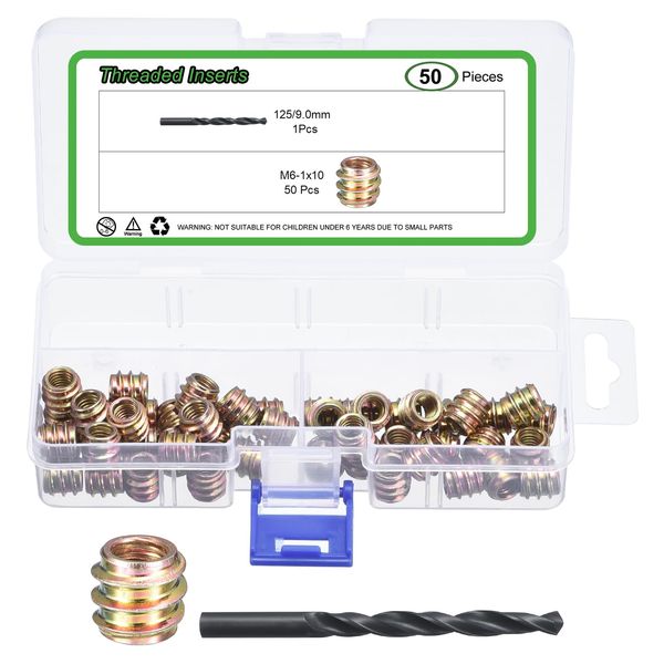 sourcing map 50Pcs Threaded Inserts, M6-1x10 Headless Hex Socket Drive Nut Inserts, Zinc Alloy Hex-Flush Thread Inserts for Wood Working Tools and Accessories