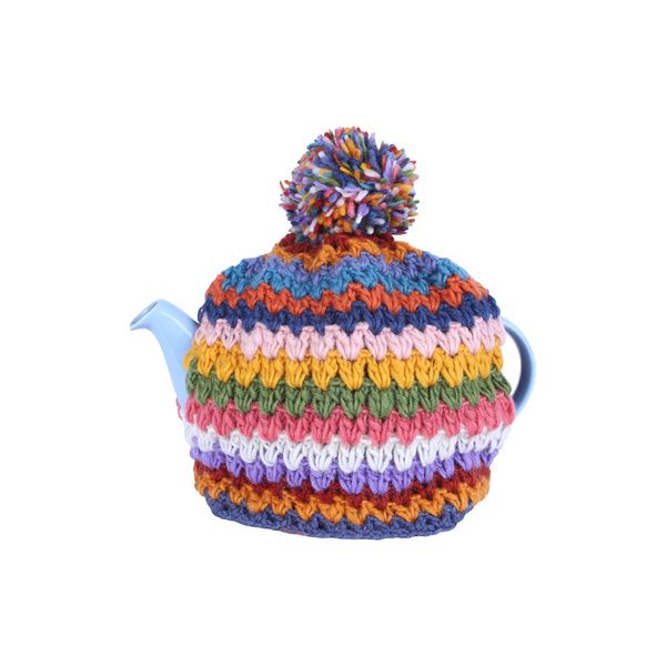 Pachamama Handknitted Medium 4-6 Cup 1.2L Wool Tea Cosy/Teapot Cover - Crochet Stripe Insulated Handmade Fair Trade Multicoloured