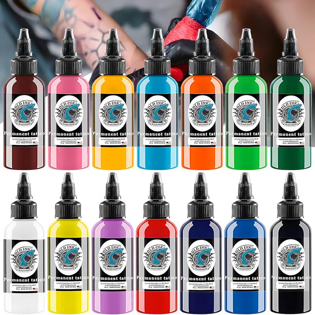 DLD Tattoo Farbe Set Profi 14 Farben 30ml pro Flasche, Schwarz Rot Weiß Tattoos Tinte Stick and Poke Körperfarben Permanent Make Up Microblading Pigment Tattoo Zubehör Tätowierfarbe Vegan.