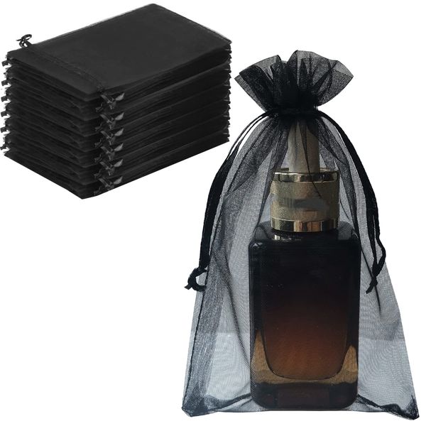 Supertina Sheer Organza Bags 10x15 CM 50 Count Mesh Jewellry Bags with Drawstring Great for Party Wedding Favor Sachet Bag (Black)