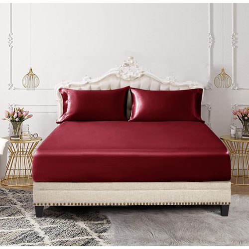 SiinvdaBZX 3-Piece Set Satin Twin Fitted Sheet & 2 Pillowcase, Burgundy Silky Soft Fitted Bottom Sheet, Wrinkle Free, Fade Resistant, Deep Pocket Bed Sheet (Deep Up to 15")