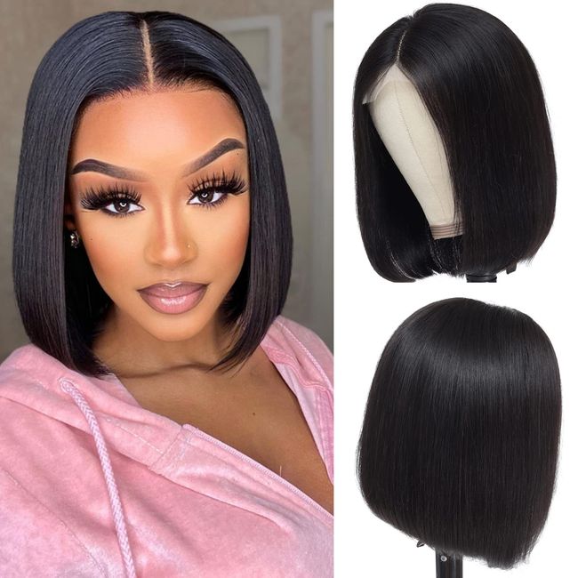 Short Bob Wigs Human Hair Lace Closure Wigs Brazilian Straight Bob Human Hair Wigs 150% Density Pre Plucked with Baby Hair Natural Color (10, straight bob wig)