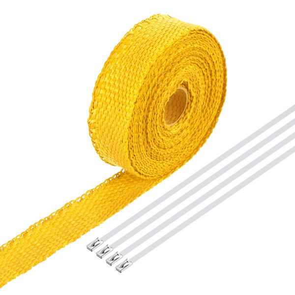 Fiberglass Exhaust Wrap Tape,1"x16' Yellow Header Heat Wrap with 4 Stainless Tie