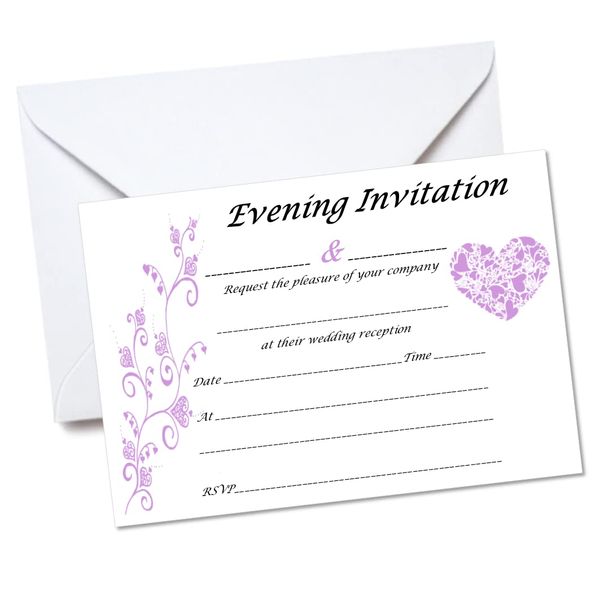 Pack of 10 Lilac Evening Wedding Invitations with envelopes