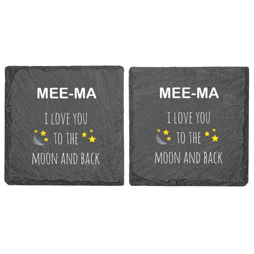 Mee-Ma - I Love You to The Moon and Back Rough Edge Finish Natural Slate Coaster, UV Printed, Dishwasher Safe, Scratch Proof, Set of 2 Gift, 4"x4" Farmhouse Style