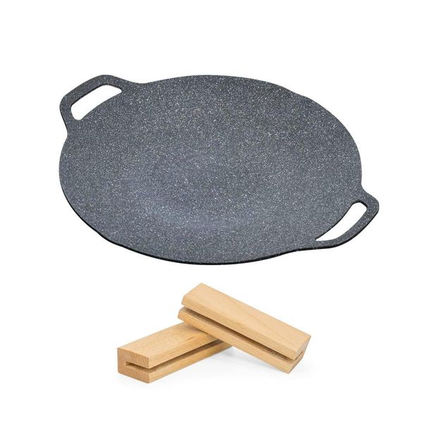 FIELDOOR Round Griddle Pan, Grill Pan, Diameter 11.4 inches (29 cm) & Wooden Handle Set, Aluminum Alloy, No Seasoning, Easy to Clean, Multi-Cookware Compatible with Various Cooking Methods, Bonfire, Gas, IH, Electric Cooker, PFOA Free, Spout and Storage B