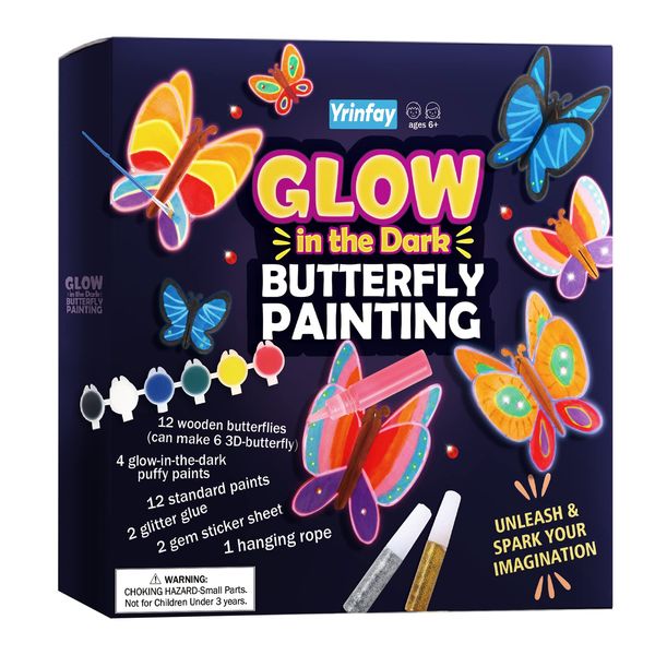 Yrinfay Glow in The Dark Butterfly Painting Kit, Teen Girl Gifts for 6-8 8-10 Year Old, Arts and Craft Kit for Kids Age 7 8-12, Toys for Boy & Girls 5-7 8 9 10 11 12