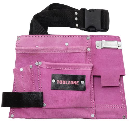Toolzone 11 Pocket Pink Double Leather Tool Pouch Includes Tape/Hammer Holder