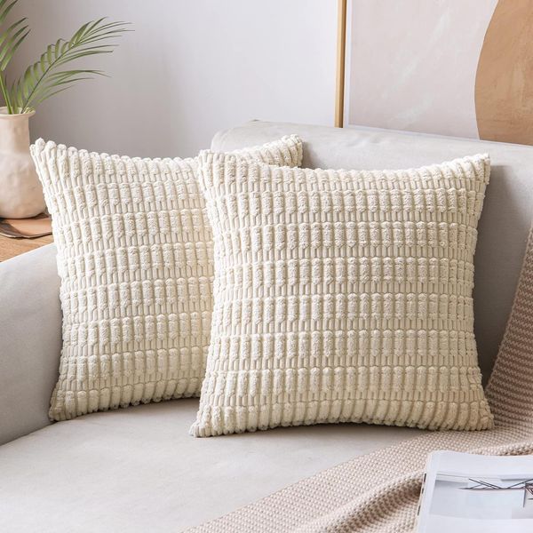 MIULEE Pack of 2 Corduroy Cream White Square Cushion Cover 40x40 cm 16x16 inch Boho Decorative Throw Pillowcase for Living Room Sofa Bedroom