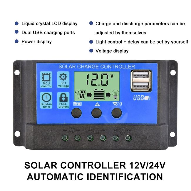 30A 20A 10A Solar Panel Controller 12V/24V Battery Charge