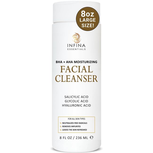 INFINA ESSENTIALS Hydrating Facial Cleanser, Big 8 fl oz - Non-Foaming Gentle AHA BHA Cleanser with Hyaluronic Acid & Antioxidants - for All Skin Types