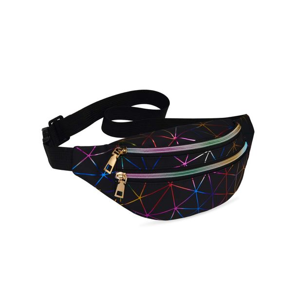 LIVACASA Black Fanny Packs for Women Waterproof Holographic Waist Packs Shiny with Adjustable Belt Diamond Lattice Pattern for Party Festival Trip