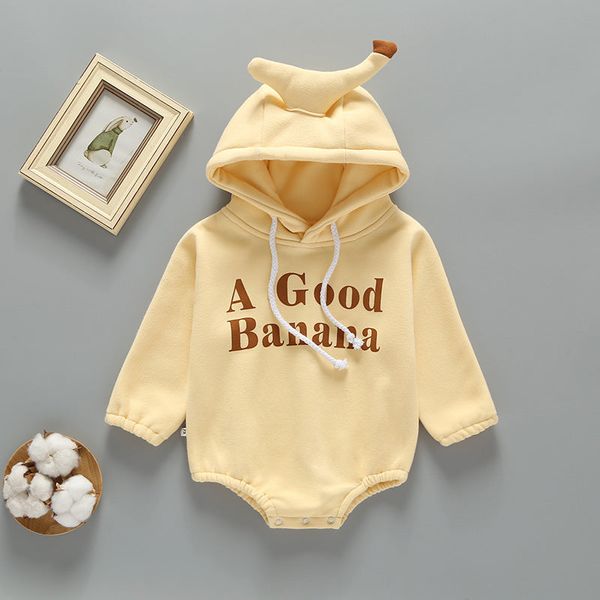 Baby Slogan Print Pattern 3D Banana Patched Hat Long Sleeved Bodysuit Onesies - 66 (3-6M) / Yellow