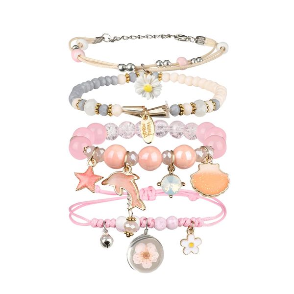 ZYLLGLOW 4 PCS Kawaii Crystal Pearl Bracelet Set - Cute Anime Elastic Beaded Bracelets for Girls and Women. Adjustable Charm Bracelets Perfect Birthady Gift for Friends and Teens.