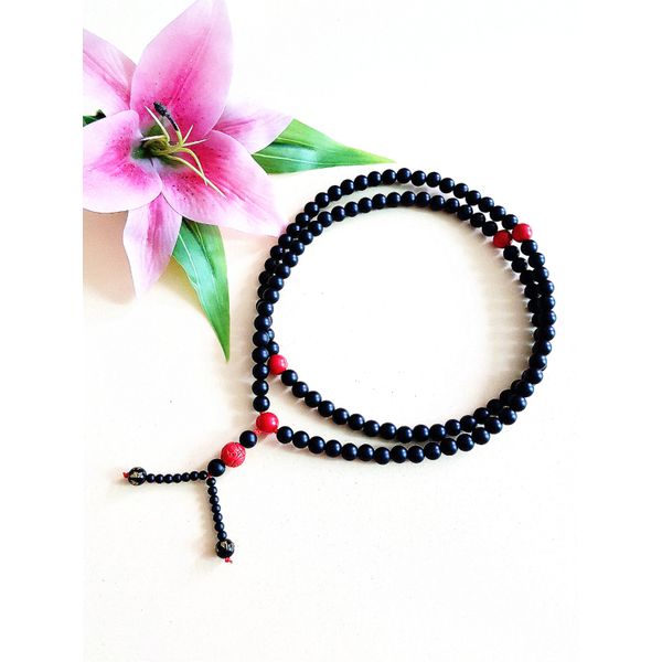 Special price! Buddha&#39;s Birthday 108 prayer beads 8mm matte black onyx and 10mm mirror-like injection to ward off evil spirits, six-letter mantra Om Mani Padme Hum, wish-fulfilling Yeouiju points