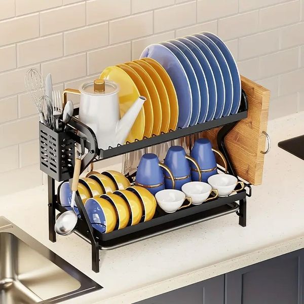 Dish Drying Rack, 2-Tier Dish Racks for Kitchen Counter, Dish Rack W/ Drainboard