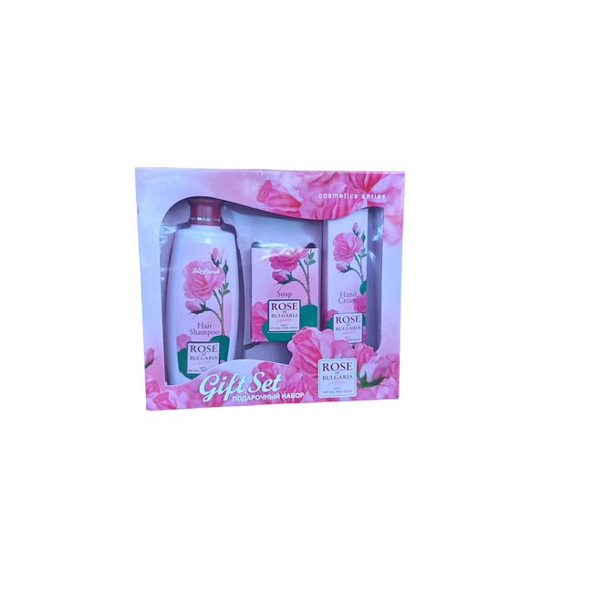 Gift set"Rose of Bulgaria" for WOMEN - HAIR SHAMPOO for Women, COSMETIC SOAP for Women, HAND CREAM with Rose Essential Oil and Rose Water