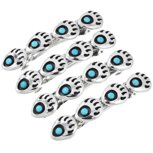 Sleeping Beauty Turquoise Silver Bear Paw Hair Barrette Shadowbox Sterling Design on Spring Clip 0078
