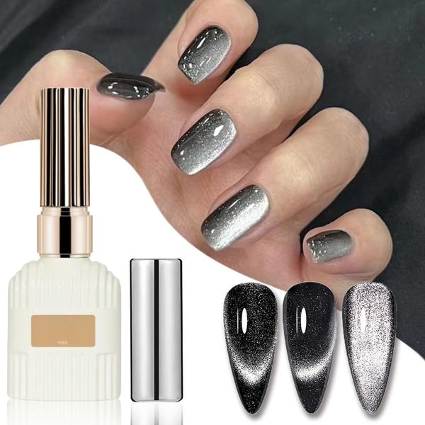 15ML Cat Eye Gel Nail Polish, Black Cat Eye Gel Nail Polish with Nail Magnet, Cats Eye Gel Nail Polish Magnetic, Soak off UV LED Manicure Gel Polish for Nail Art Manicure Salon DIY at Home (Black)