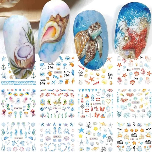 Ocean Nail Art Stickers Summer Water Transferr Nail Sticker Decal Cute Ocean Shells Turtles Starfish Seaweed Nail Design for Kid Women Nail Art Decoration Supplies