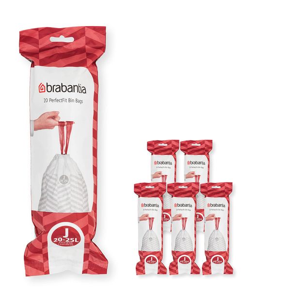 Brabantia PerfectFit Trash Bags (Size J/5.3-6.6 Gal) Thick Plastic Trash Can Liners with Drawstring Handles (120 Bags)