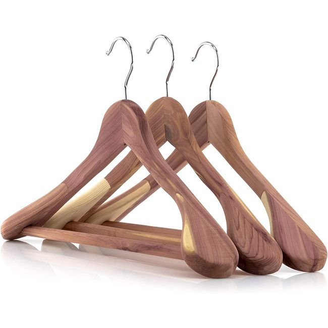 HANGERWORLD 3 Cedar Wood 45cm Suit Clothes Coat Garment Broad Ended Hangers with Non-Slip Ridged Trouser Bar