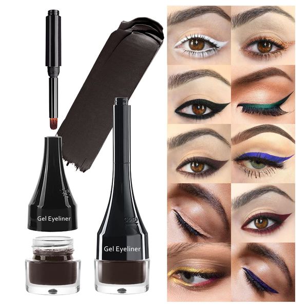 LSxia 2-in-1 Gel Eyeliner Set, Tattoo Eyeliner Waterproof Smudge Proof Eyeliner Gel Eye-liner Pot Cream Eyeliner Tool with Gel Liner Brush, High Pigment Eye Makeup Gel Eye-liners for Women (Brown)