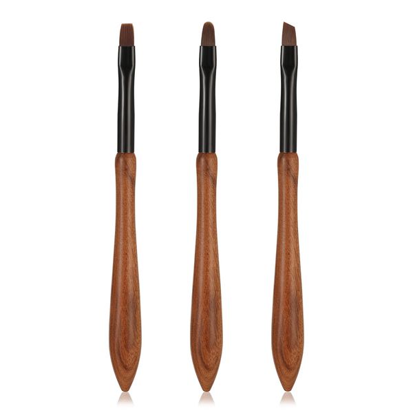 3pcs Nail Polish Clean Up Brushes, Gel Nail Polish Remove Brushes with Round, Angled and Flat Head Manicure Cleaning Brushes for Nail Painting Art DIY Design (Sandalwood Handle)