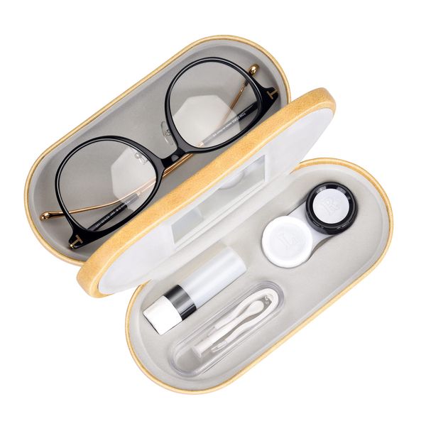 Muf 2 in 1 Contact Lens Case and Glasses Case,Double Sided Dual Use Design,Leak Proof & Portable,Tweezer and Contact Lens Solution Bottle Included for Travel Kit(Yellow)