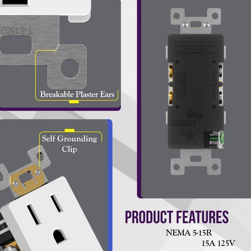 ENERLITES White Decorator Receptacle with Screwless Wall Plate, Standard Electrical Wall Outlet, 15A 125V, Self-Grounding, 2-Pole, 3-Wire, 5-15R, UL Listed, 61502-WSID, 10 Pack, Non Tamper Resistant
