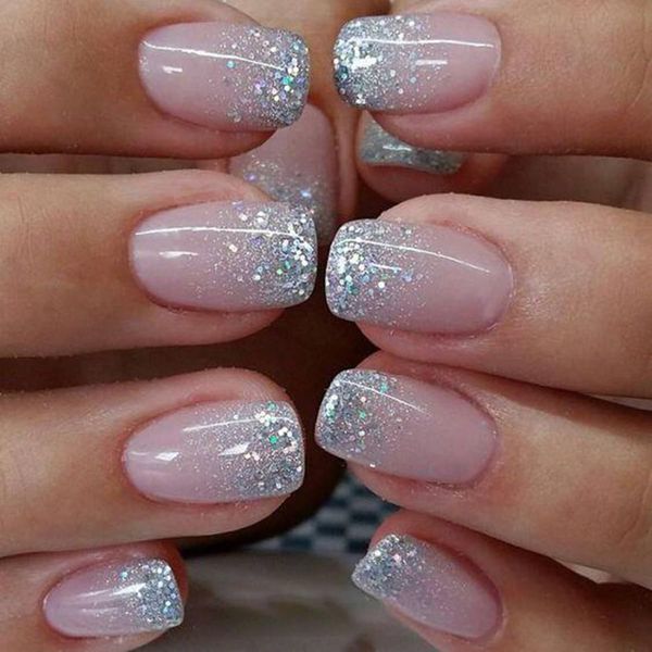 24 Pcs Glitter French Press on Nails Short Square - WLGDLH Nude Fake Nails Spring Summer False Nails with Cute Silver Glitter Designs Nail Tips Full Cover Stick on Nails for Women Acrylic Nails