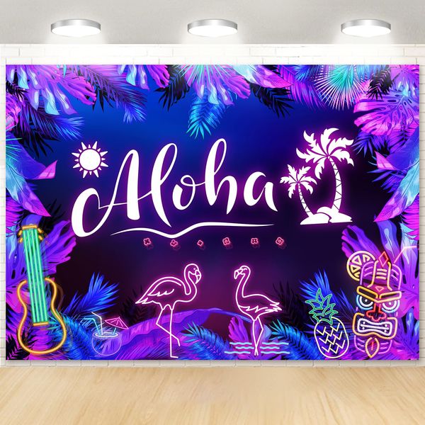 Humkat Hawaiian Aloha Luau Backdrop, 7X5FT Cloth Fabric Summer Tropical Tiki Bar Party Backdrop, Neon Background for Photoshoot, Glow Party, Reusable and Washable