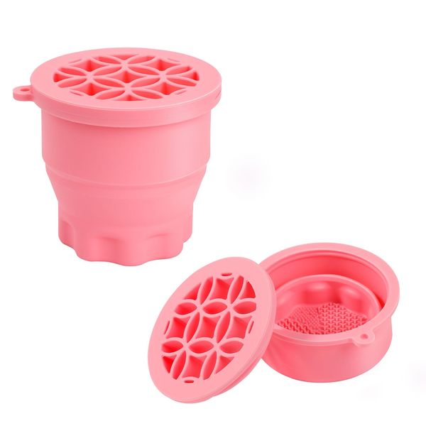 Foldable Makeup Brush Cleaning Cup, Beauty Brush Cleaning and Drying Storage Cup, Silicone Brush Cleaning Cup for Makeup Brushes, Cleaning for Powder Puff and Beauty Blender (Pink)