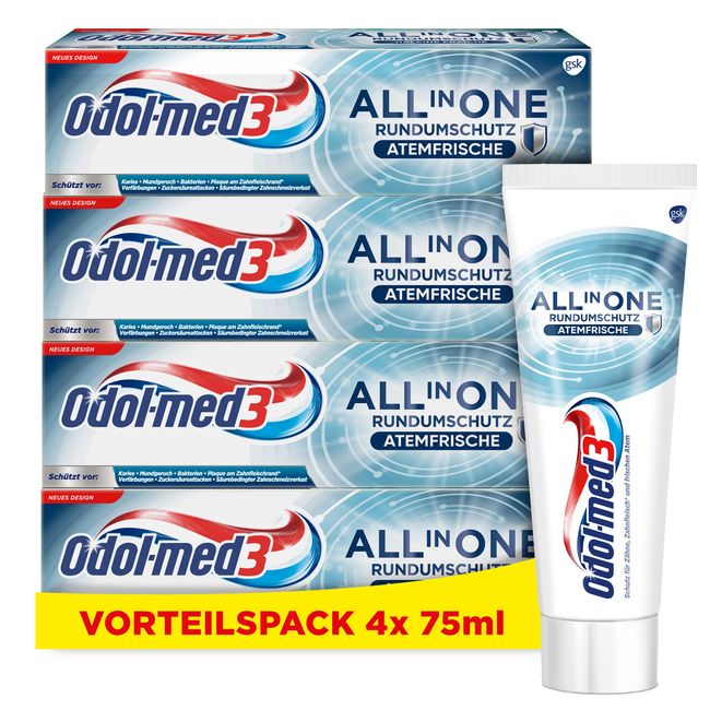 Odol-med3 All in One Rundumschutz Atemfrische Zahnpasta, 4x75ml - für ein reines und extra frisches Mundgefühl.