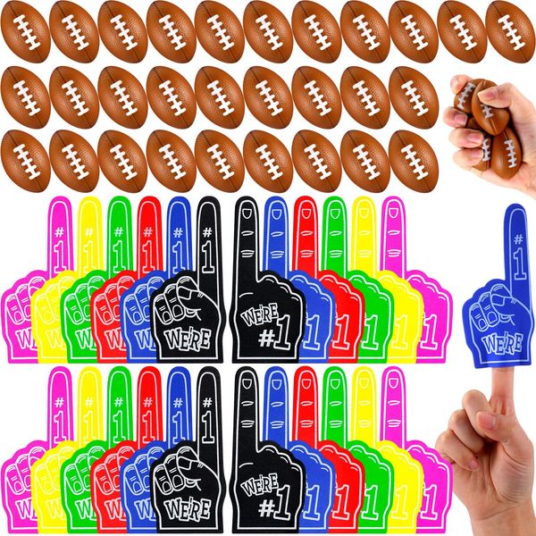 Silipull 60 Pcs Football Party Favors 30 Pcs Mini Football Stress Balls Foam 30 Pcs Fan Foam Finger Mini #1 Sports Party Favor Toy for Football Party Supplies Birthday Party Gift(Football)